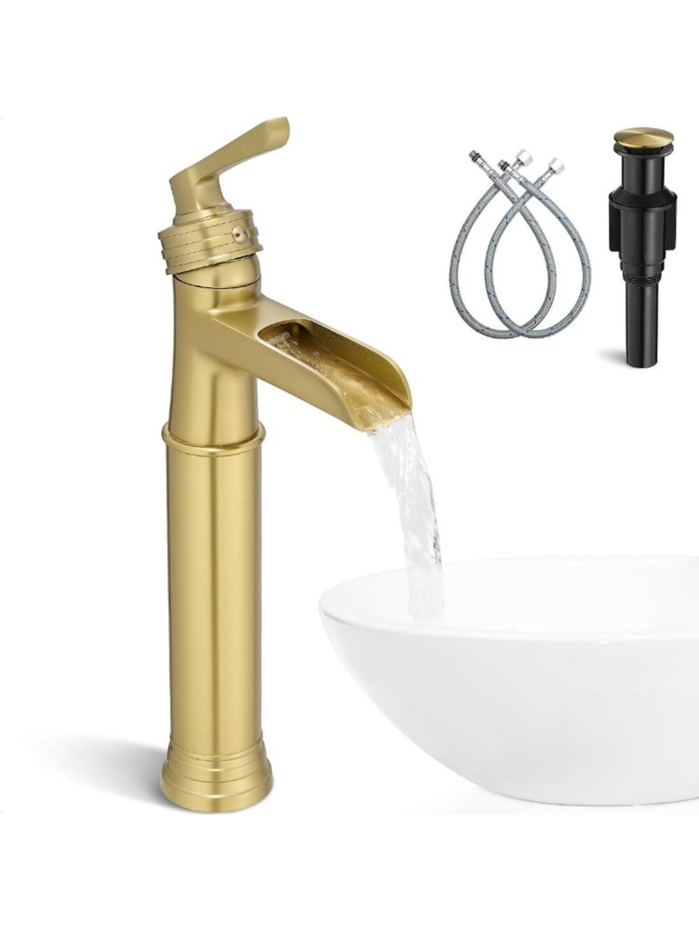 Stylish Brushed Gold Tall Bathroom Vessel Sink Faucet - Modern Brass Design